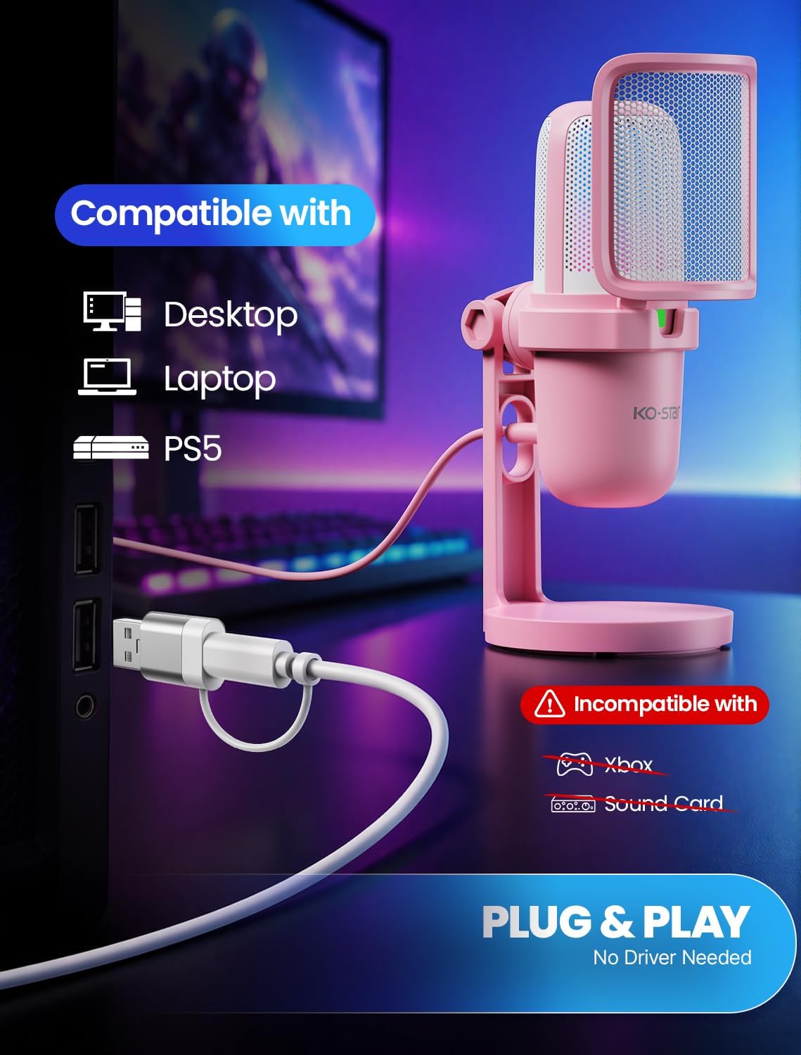 Micrófono de condensador USB, micrófono para juegos para