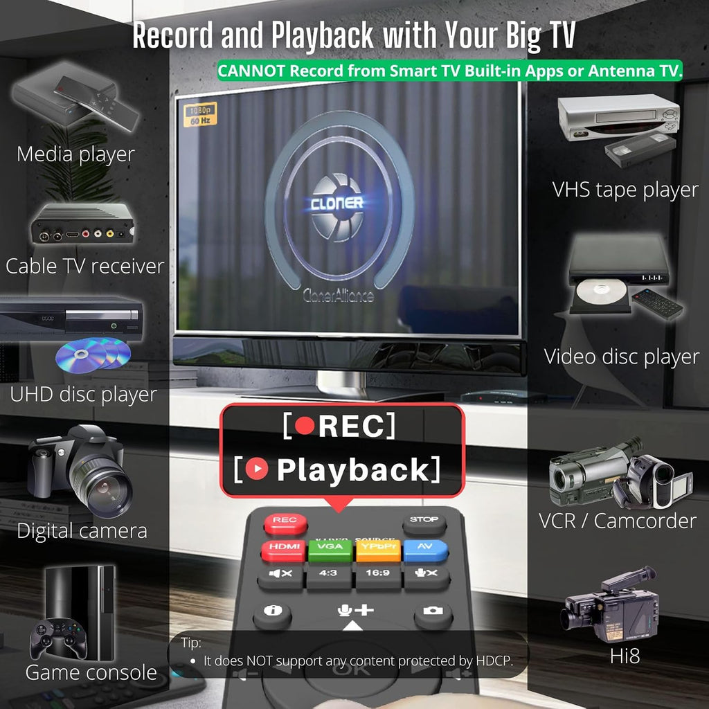 HDML-Cloner Box Pro captura videos/juegos y reproducelos instantáneamente con el control remoto, programe grabaciones, entrada HDMI/VGA/AV/YPbPr.