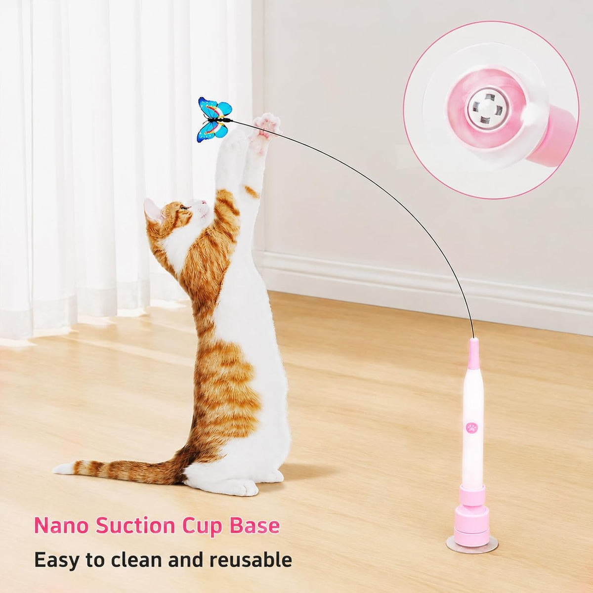 Varita eléctrica de mariposa para gatos de interior, juego automático giratorio de 360 grados con 2 modos y toque para despertar, base de succión lavable recargable, 3 recambios de mariposa
