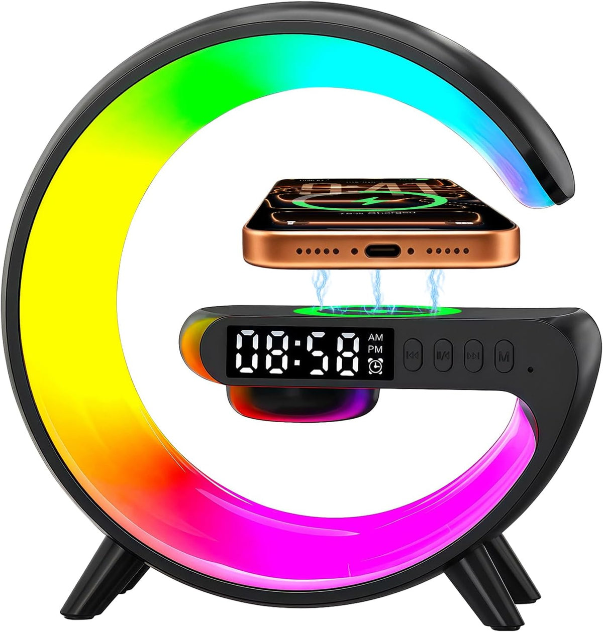 Lámpara Lámpara de mesa LED inteligente 5 en 1 con cargador inalámbrico, altavoz Bluetooth, reloj despertador, luz nocturna, estación de carga para dormitorio, mesita de noche, escritorio