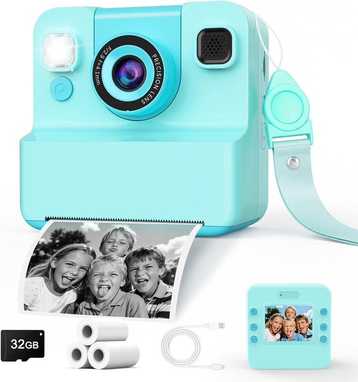 Cámara para niños, impresión instantánea con lente abatible, video...