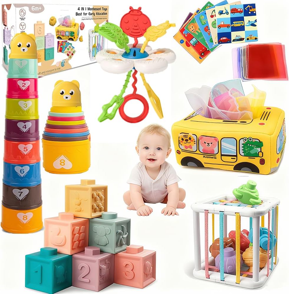 Juguetes para bebés de 6 a 12 meses, juguetes Montessori para niños de 1 año, juguete mordedor de cuerda de silicona, bloques de construcción apilables, juguete infantil infantil de 0 a 3, sensor de cubo de forma, juego de regalos para bebés y niñas