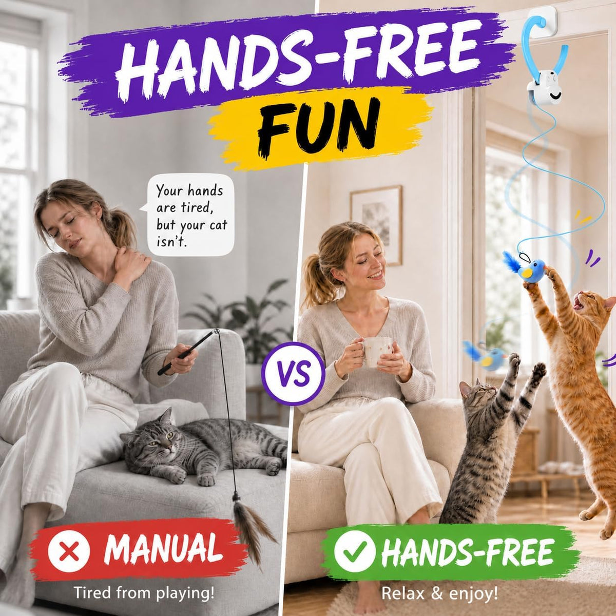 Juguetes interactivos para gatos de interior: varita de plumas de ave voladora automática, ejercicio de persecución, enriquecimiento, estimulación, colgante duradero seguro recargable por USB para