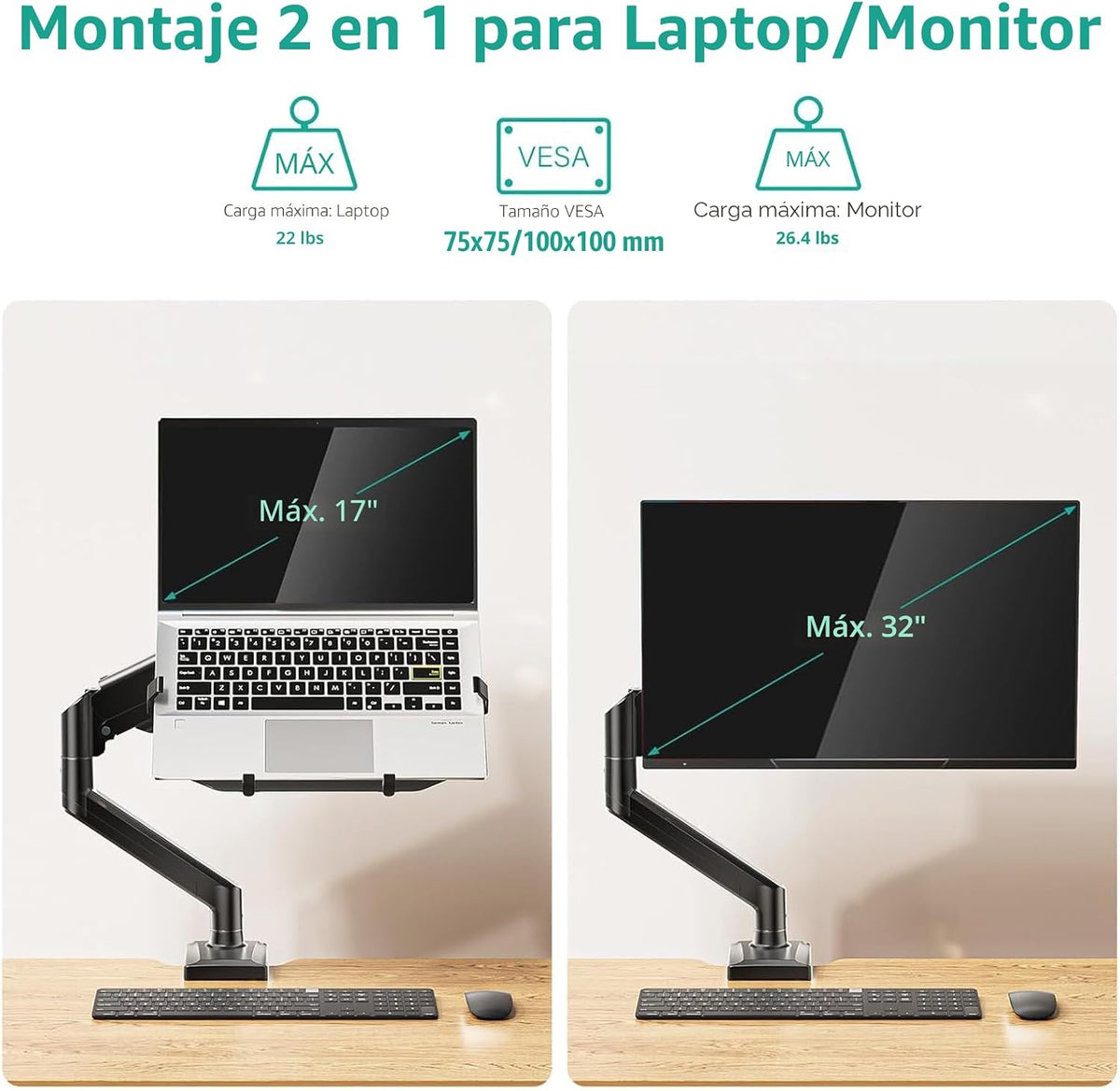 WALI Soporte de escritorio para portátil de 17" y pantallas de 34", soporta