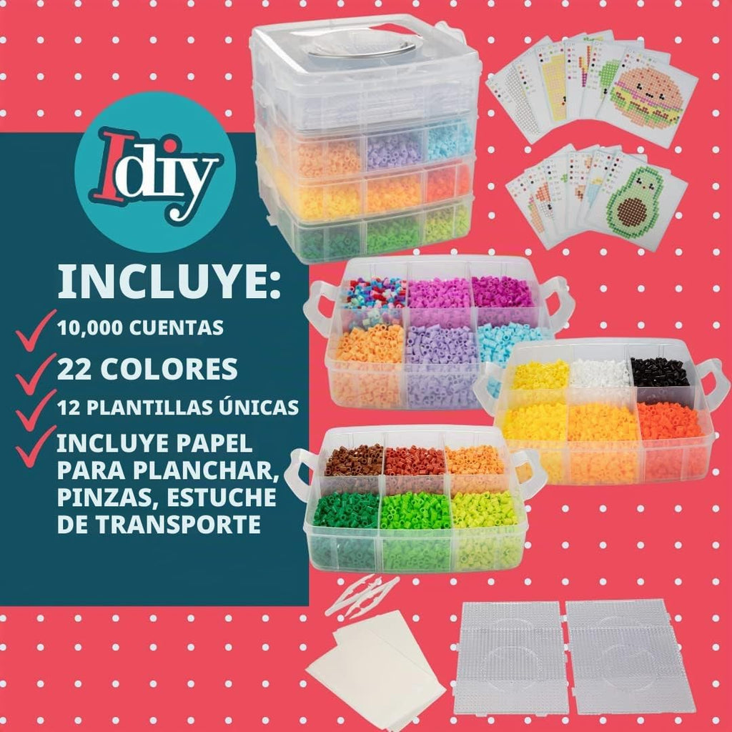Fuse Beads - Kit de 10.000 cuentas, alimentos divertidos, incluye 22 colores, 4 tablas de clavijas, pinzas, papel de planchar y 12 plantillas de diseño, proyecto de manualidades de bricolaje para