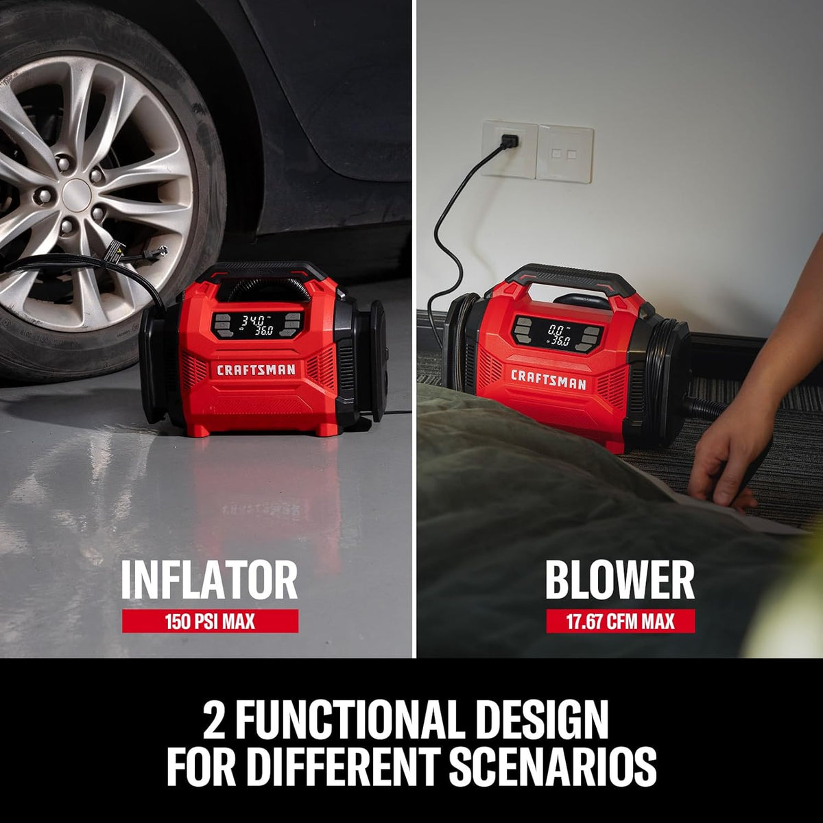 CRAFTSMAN Inflador de neumáticos de doble potencia, compresor de ai...