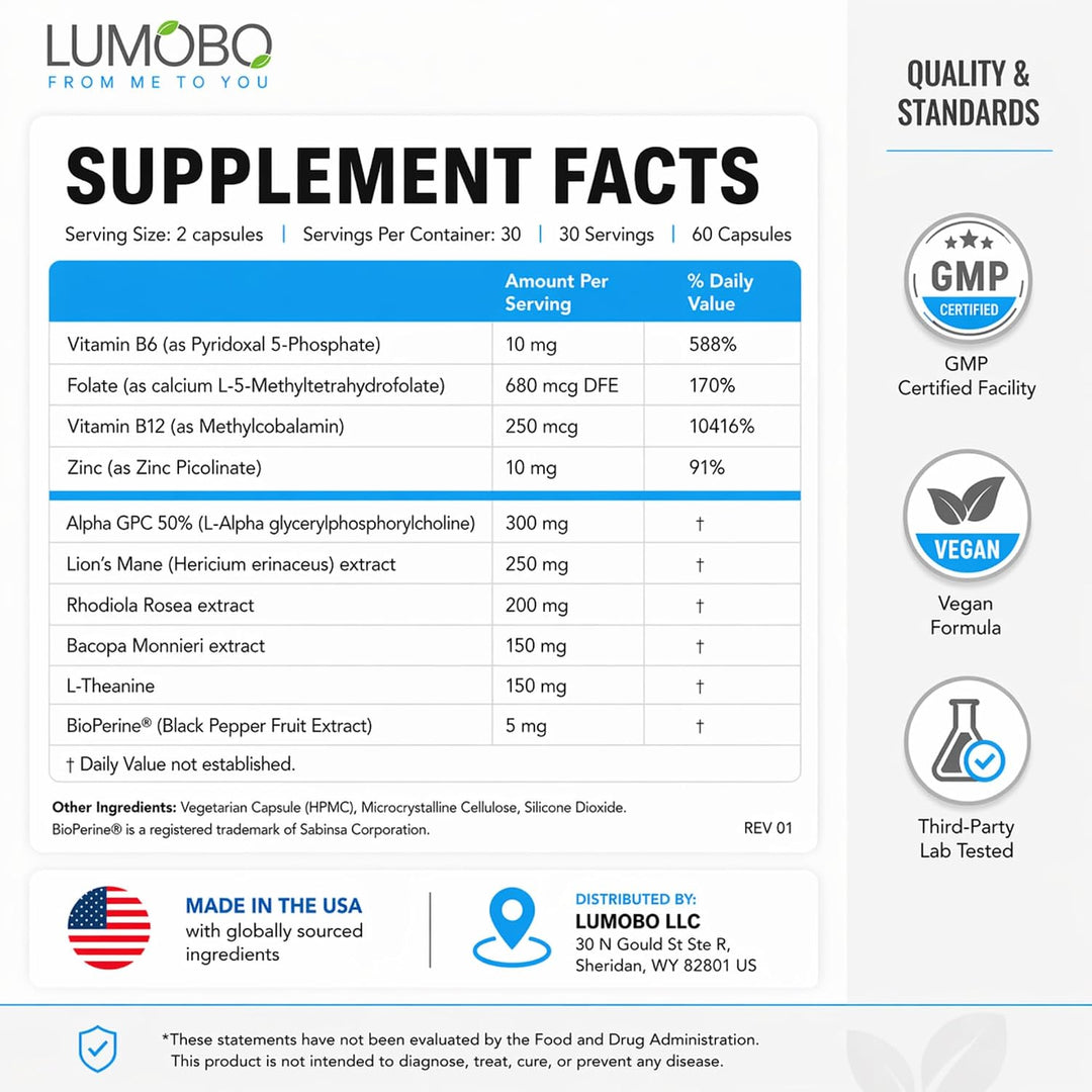 Lumobo Focus - Suplemento cerebral nootrópico sin cafeína - Memoria...