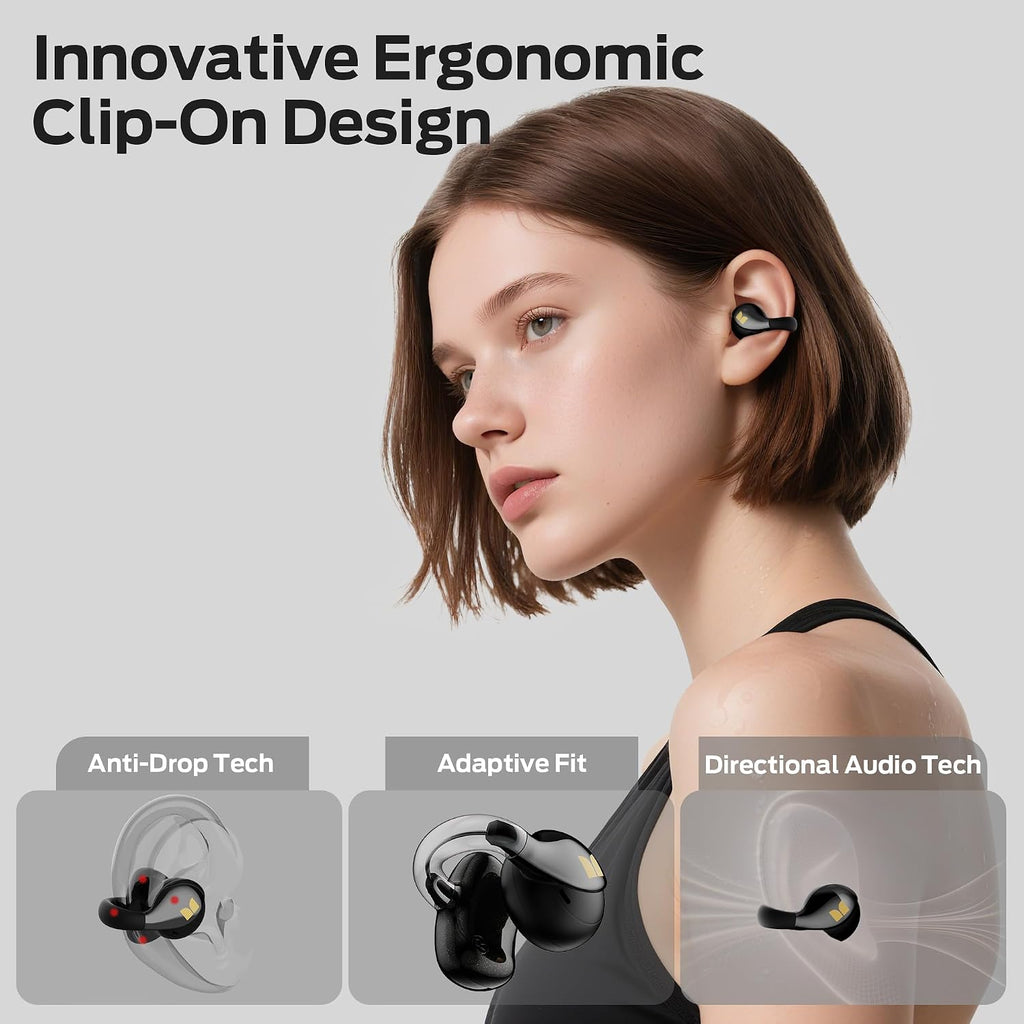 Monster AC225 - Auriculares de oído abierto, sonido estéreo, auriculares Bluetooth 6.0 de oreja abierta, auriculares ligeros y cómodos con clip con micrófono ENC para llamadas claras
