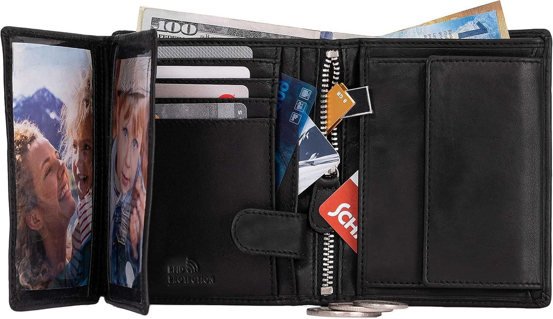 DiLoro Cartera plegable de cuero genuino de grano completo para hom...