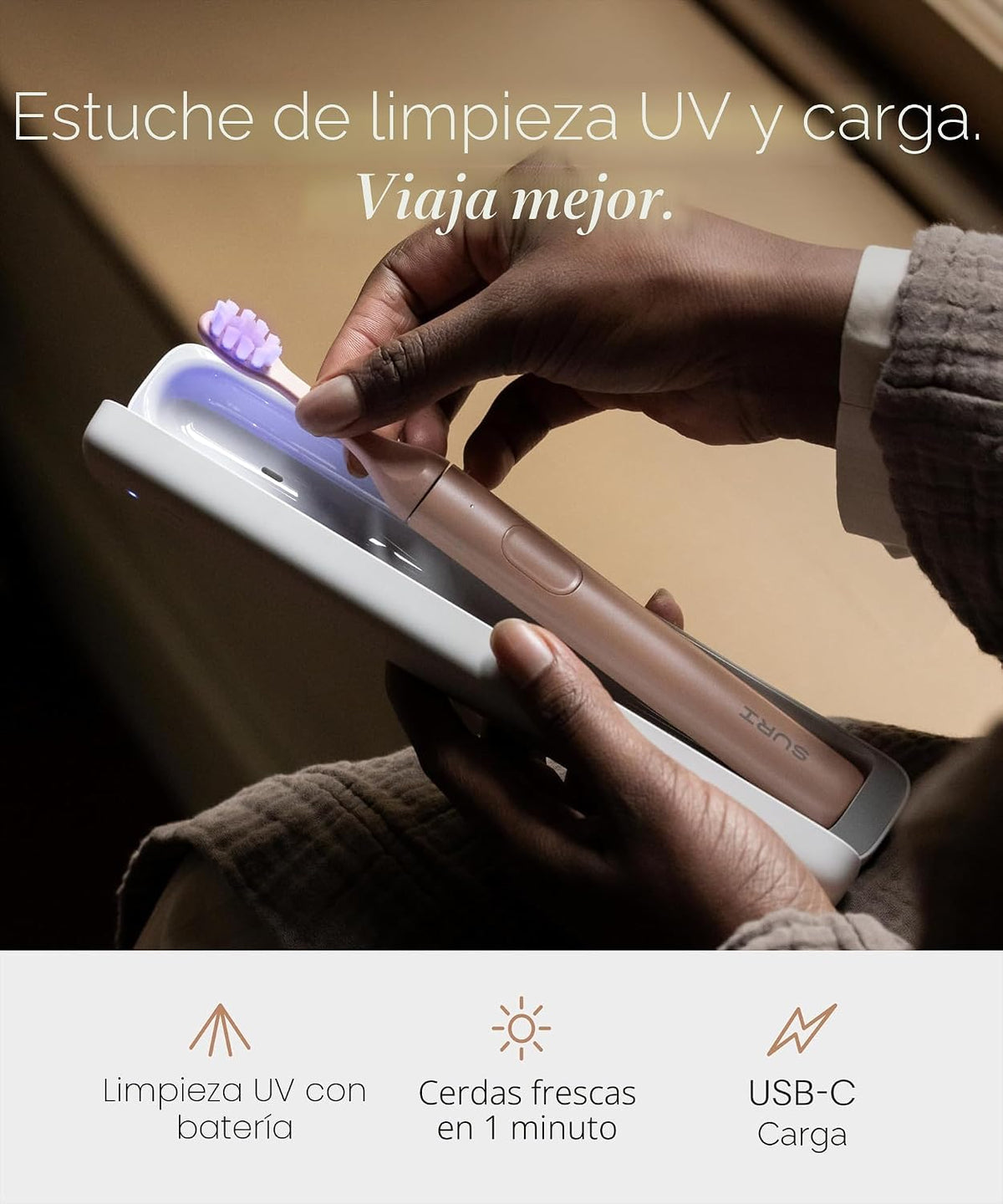SURI Pro Sonic Cepillo de dientes eléctrico | Batería de más de 4 semanas | Estuche de viaje de limpieza UV | Sensor de presión | Cuerpo de aluminio | Temporizador de 2 minutos | Cabeza a base de