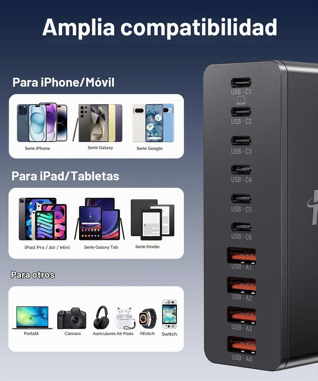 Estación de carga USB C Roruite de 10 puertos con 4 cables, bloque de