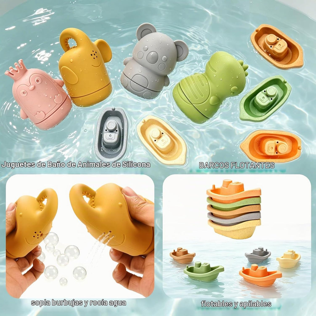 Juguetes de baño para bebés, juguetes de piscina, adecuados para niños y niños pequeños, juego 6 en 1 que incluye bote flotante, cuchara de baño y taza giratoria, juguetes de piscina y mesa de agua