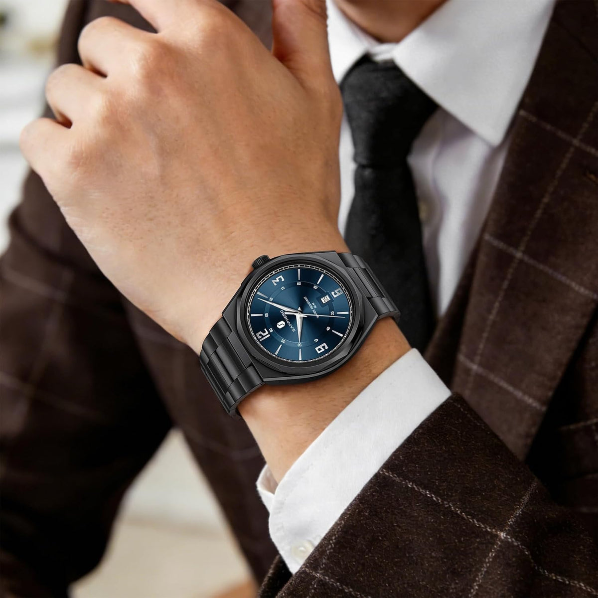 SAPPHERO Reloj para hombre con subesfera de fecha/esfera de números arábigos, cuarzo analógico, correa de acero inoxidable/piel, 164 ft impermeable, reloj de pulsera de vestir casual para trabajo de