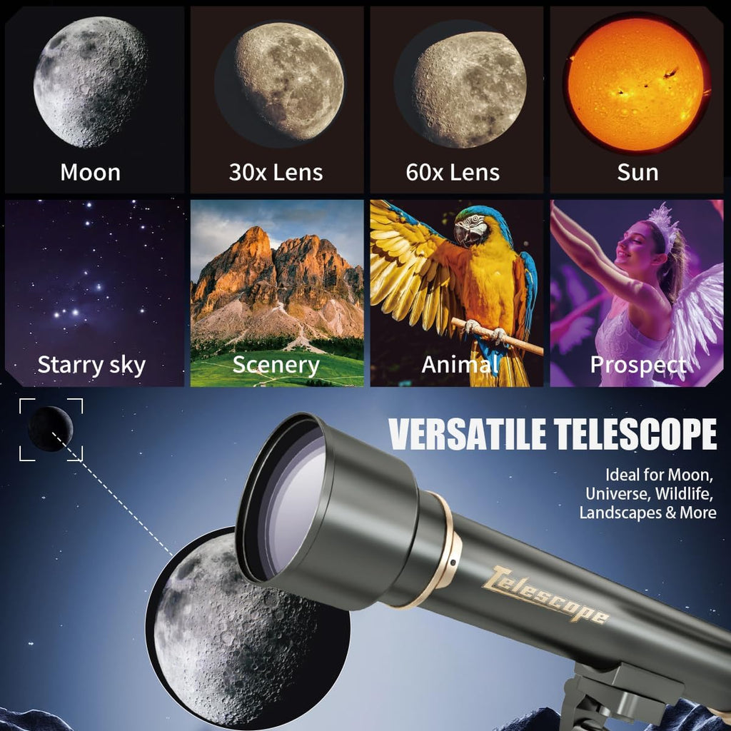 Telescopio para Niños y Adultos con Lentes 60X/30X, Trípode de Aleación Ajustable, Soporte para Teléfono Móvil, Montura de Cabezal Gimbal 360° para Observación de Estrellas y Naturaleza, Apto para Entusiastas de la Astronomía