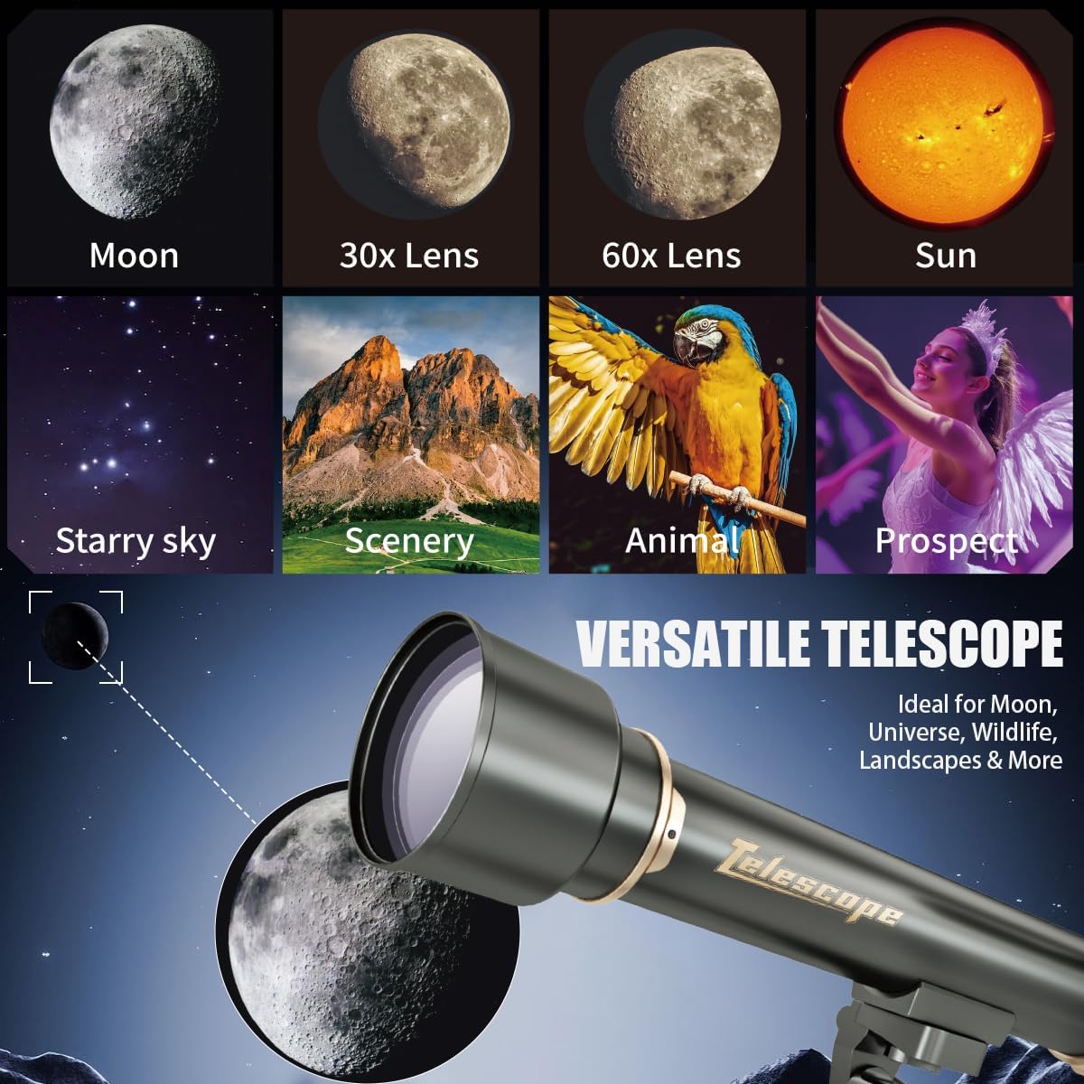 Telescopio para Niños y Adultos con Lentes 60X/30X, Trípode de Aleación Ajustable, Soporte para Teléfono Móvil, Montura de Cabezal Gimbal 360° para Observación de Estrellas y Naturaleza, Apto para Entusiastas de la Astronomía
