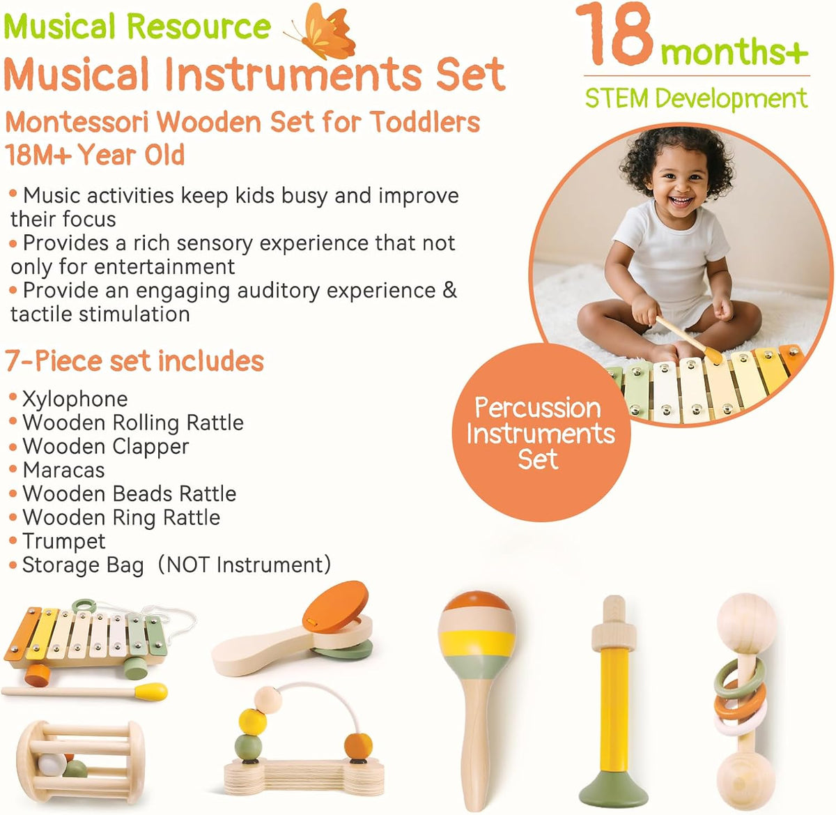Instrumentos musicales de madera para niños pequeños de 2 años en adelante, xilófono Montessori, Maracas, sonajeros, trompeta, juguetes musicales para bebés con bolsa de almacenamiento, regalos para niños y niñas