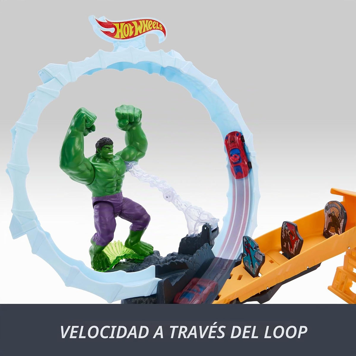 Hot Wheels Juego de pistas de autos de juguete, Spider-Man y Hulk Smash Down con 1 vehículo de superestrella fundido a presión, carrera a través de un bucle para derrotar a los villanos