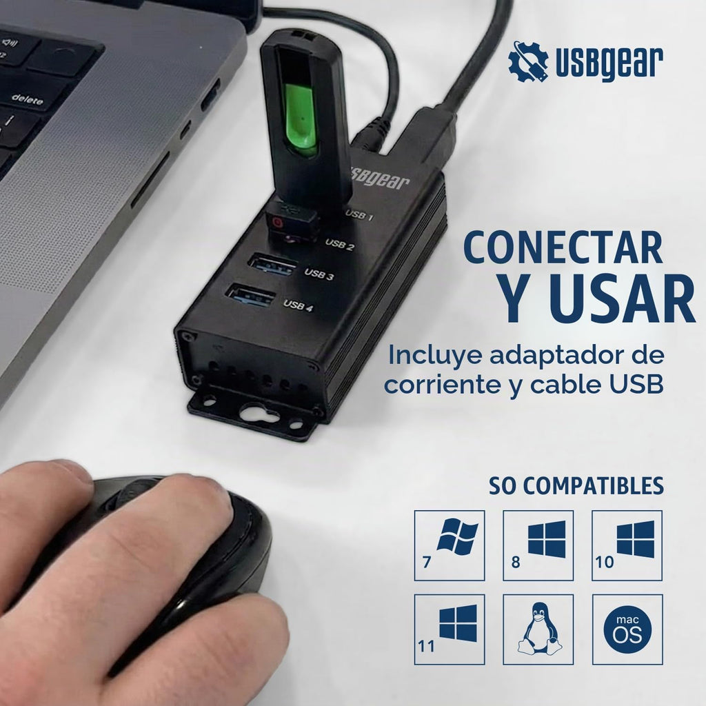 USBGear, USBG-BREC304, hub USB 3.2 de 4 puertos, alimentado, adaptador 5V/2A