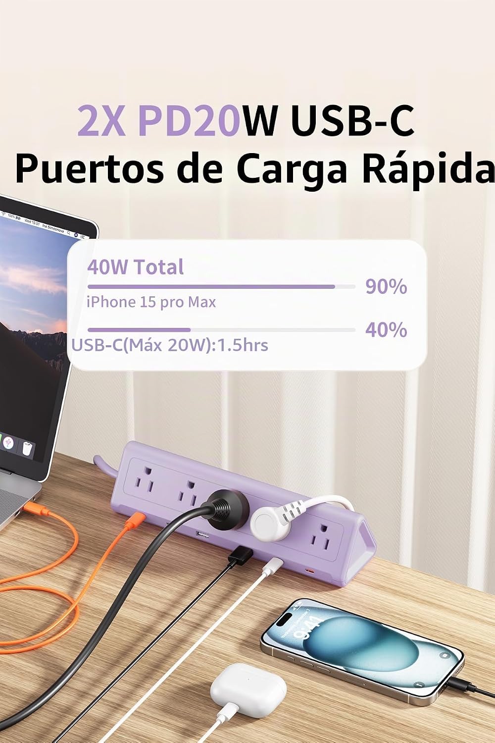 Regleta de alimentación con abrazadera de escritorio USBC, carga