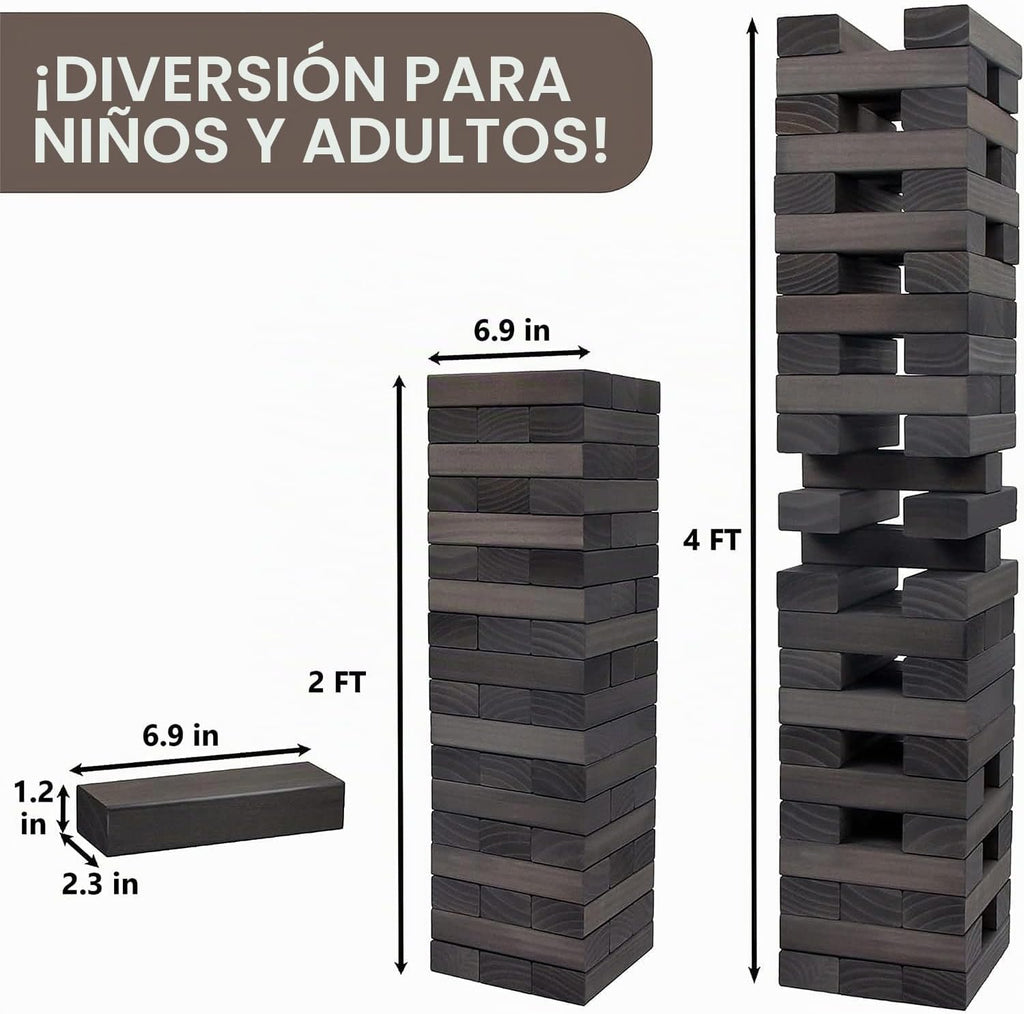 Juegoal Torre Gigante de Caída de 54 Piezas Gris para Adultos, Niños y Familia, Juego de Apilamiento de Bloques de Madera con Tablero de Juego y Bolsa de Lona, Juegos al Aire Libre para Patio Trasero
