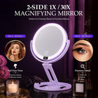 Espejo de maquillaje de viaje con luces, espejo de aumento de doble cara 1X