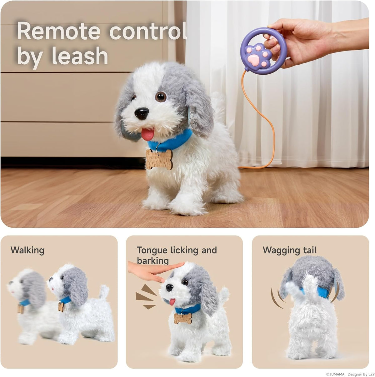 OR OR TU Perro de juguete que camina y ladra con correa de control remoto, Gris+blanco