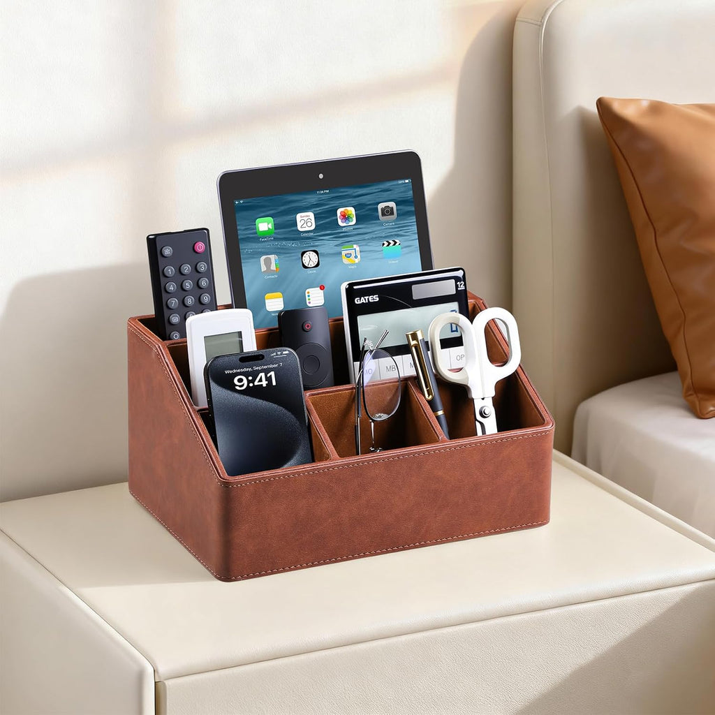 Organizador de Escritorio de Cuero PU, Soporte de Control Remoto de Lujo para el Hogar, Accesorios de Escritorio de Oficina Caddy de Mesa Organizador de Mesita de Noche (Marrón)