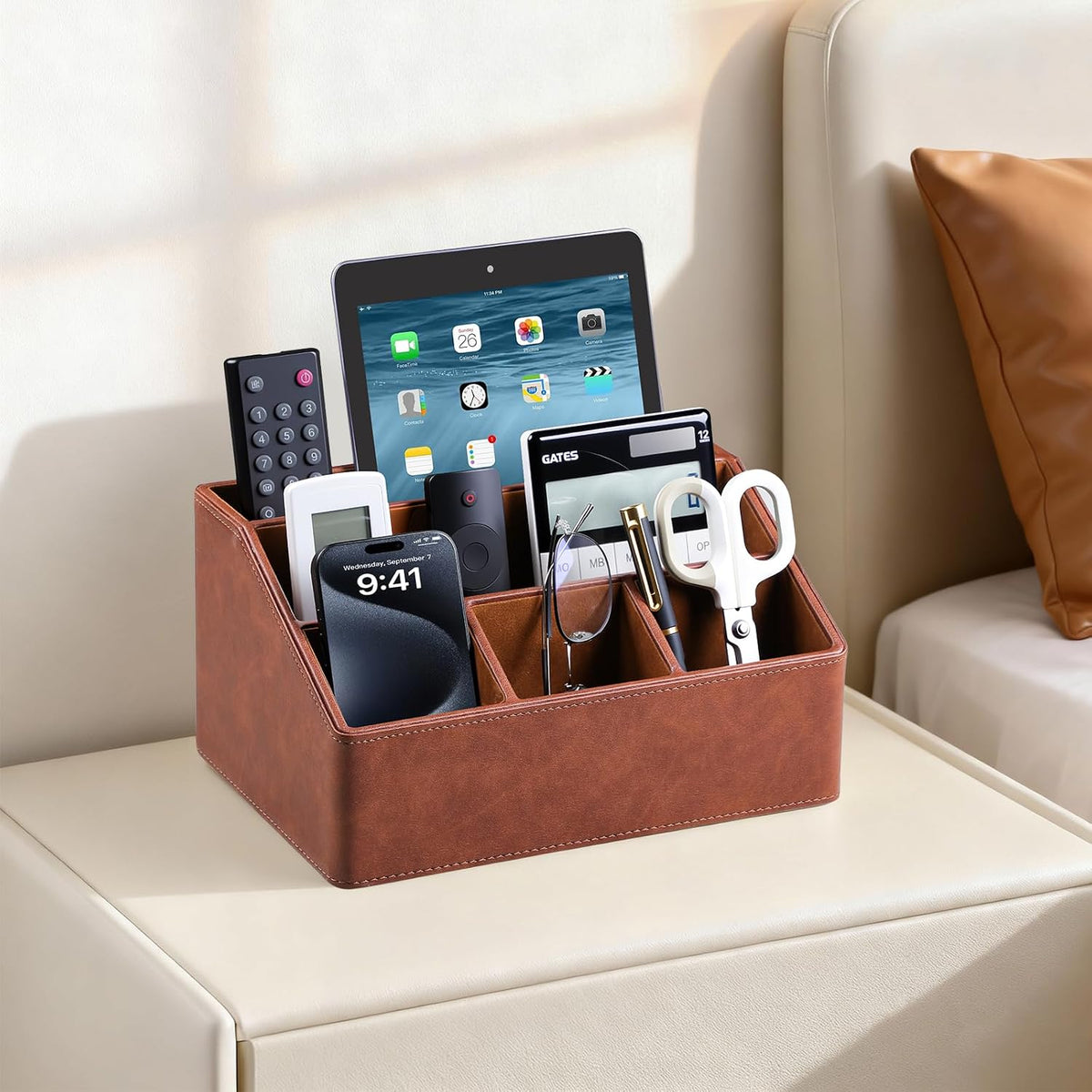 Organizador de Escritorio de Cuero PU, Soporte de Control Remoto de Lujo para el Hogar, Accesorios de Escritorio de Oficina Caddy de Mesa Organizador de Mesita de Noche (Marrón)