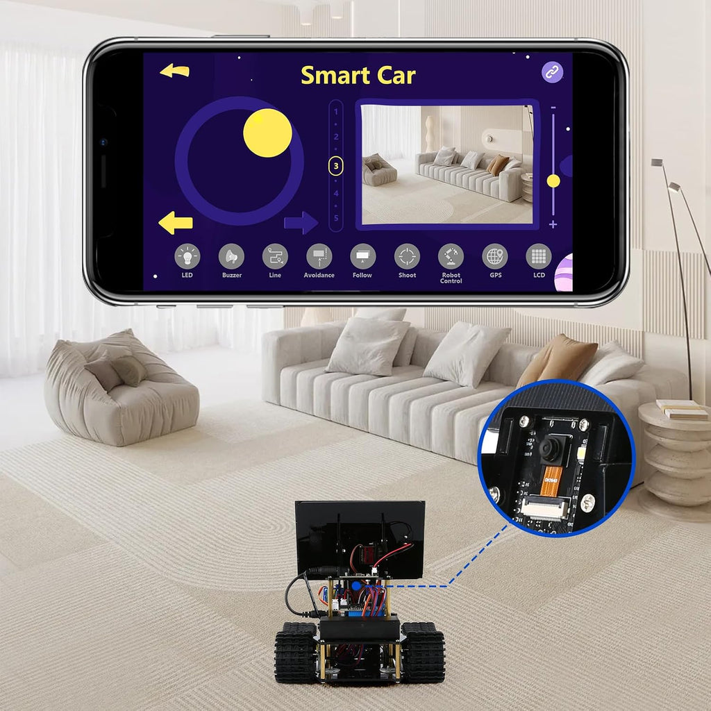 Kit de tanque de robot solar con cámara inteligente ESP32 5 en 1, kit de robótica de juguete STEM para niños de 8 a 16 años, aplicación y control remoto, automóvil 4WD con cámara de 3 MP, kit de codificación científica educativa Arduino, regalo para