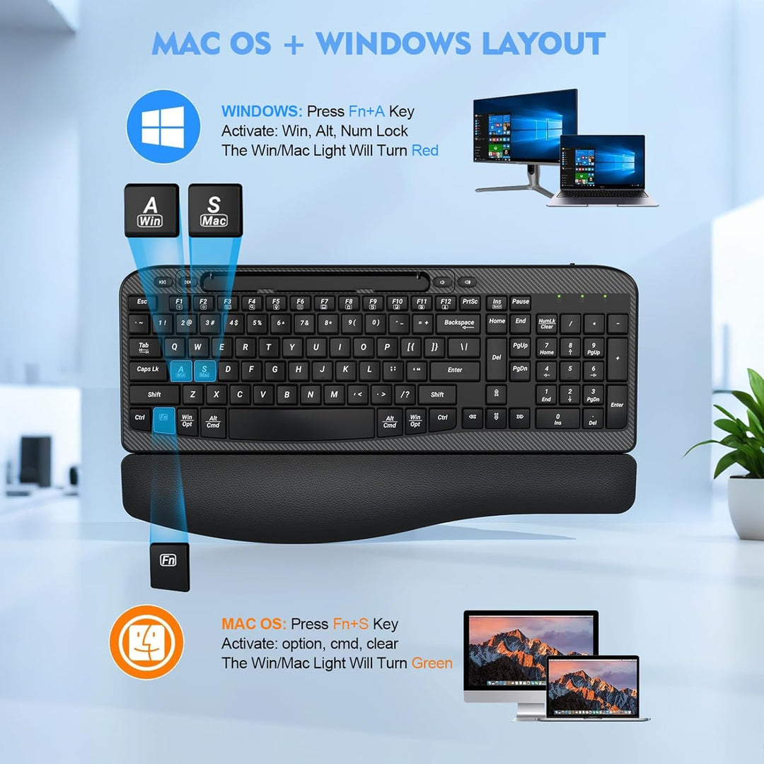 Teclado inalámbrico ergonómico con reposamuñecas acolchado, teclas...