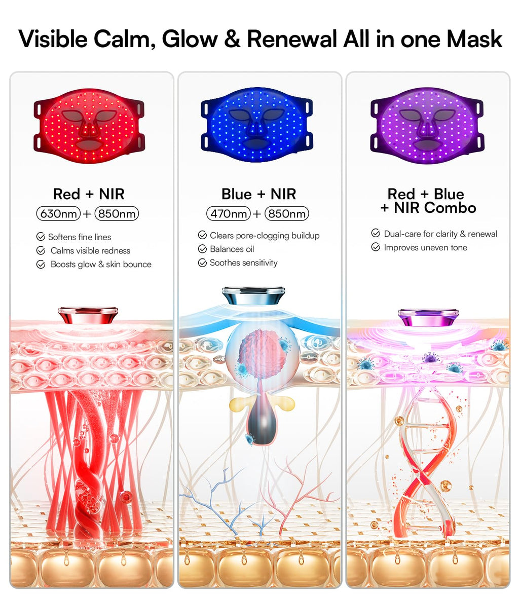 INIA Máscara de terapia de luz roja para cara, 4 modos de luz con NIR de 850 nm, Negro
