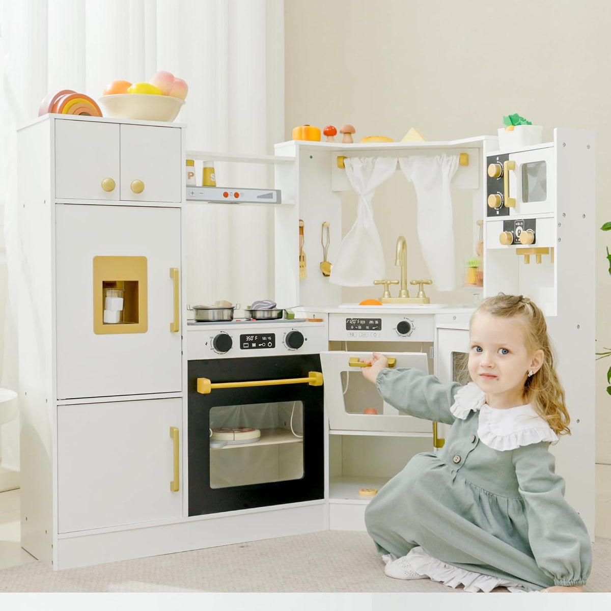 Juguete de Cocina de Juego de Madera Interactivo para Niños – Luces y Sonidos Realistas, Diseño de Esquina con 8 Accesorios, Regalo para Niñas y Niños de 3+ Años