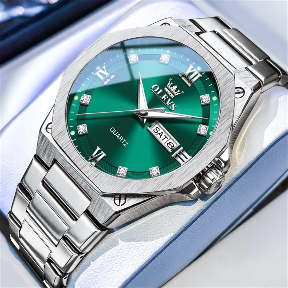 OLEVS Reloj de cuarzo octogonal de acero inoxidable para hombre, resistente al agua, para negocios, casual, de vestir, reloj de pulsera de lujo con diamantes luminosos para el día y fecha, regalo para