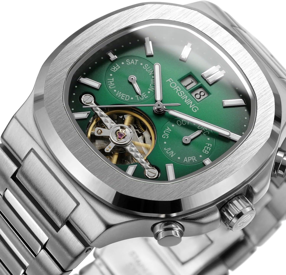FORSINING Reloj mecánico automático para hombre, caja cuadrada clásica, esfera Tourbillon, multifuncional (fecha/semana/mes) reloj de pulsera casual de negocios con acero inoxidable Starp impermeable