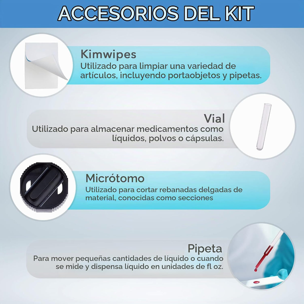 Kit de preparación de portaobjetos de microscopio AmScope - Incluye diapositivas de microscopio en blanco, polvos de colorante rojo eosina y azul de metileno, pinzas, hisopo y más - Kit de 22 piezas