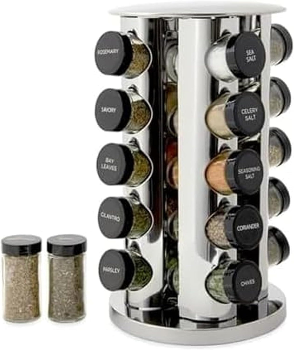 Kamenstein, especiero giratorio de 20 tarros para mostrador con especias incluidas, recargas de especias gratuitas durante 5 años, acero inoxidable pulido con tapas negras, 30020