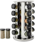 Kamenstein, especiero giratorio de 20 tarros para mostrador con especias incluidas, recargas de especias gratuitas durante 5 años, acero inoxidable pulido con tapas negras, 30020