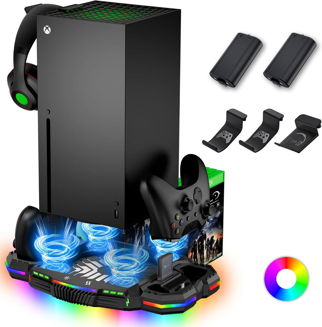 Ventilador de refrigeración con estación de carga para consola Xbox Series X y controlador - Sistema vertical de 15 modos RGB de soporte más fresco, bajo ruido, reduce eficazmente la temperatura de la consola y carga rápida controlador