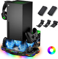 Ventilador de refrigeración con estación de carga para consola Xbox Series X y controlador - Sistema vertical de 15 modos RGB de soporte más fresco, bajo ruido, reduce eficazmente la temperatura de la consola y carga rápida controlador