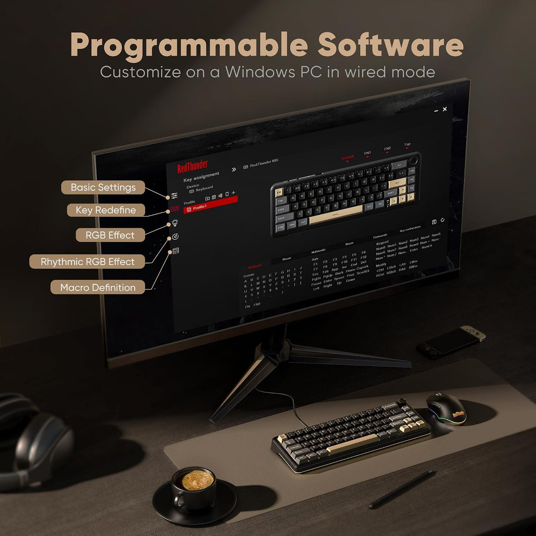 RedThunder Teclado mecánico inalámbrico K65, perilla CNC, Tri-modo...