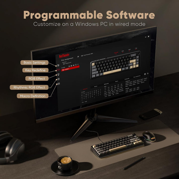 RedThunder Teclado mecánico inalámbrico K65, perilla CNC, Tri-modo...