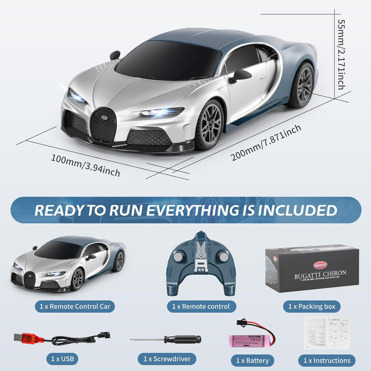 MIEBELY 1/24 Licensed Bugatti Chiron RC Car Rechargeable Toy para Kids 6-12