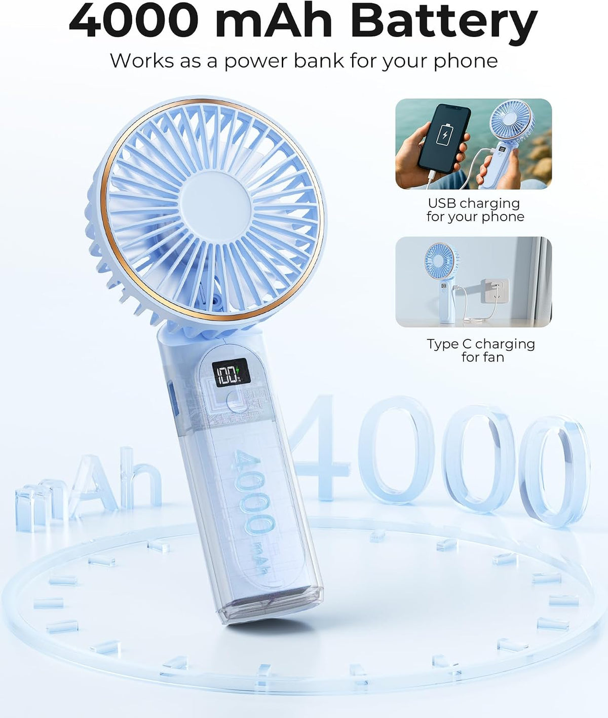 TUNISE Ventilador de mano portátil, ventilador portátil recargable,...