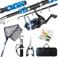 Tripquips Combo de caña de pescar y carrete con red de pesca, kit de caña de pescar telescópica de 6.9 pies con alicates de pesca, agarre de labios, señuelos de pesca, combo de carrete giratorio