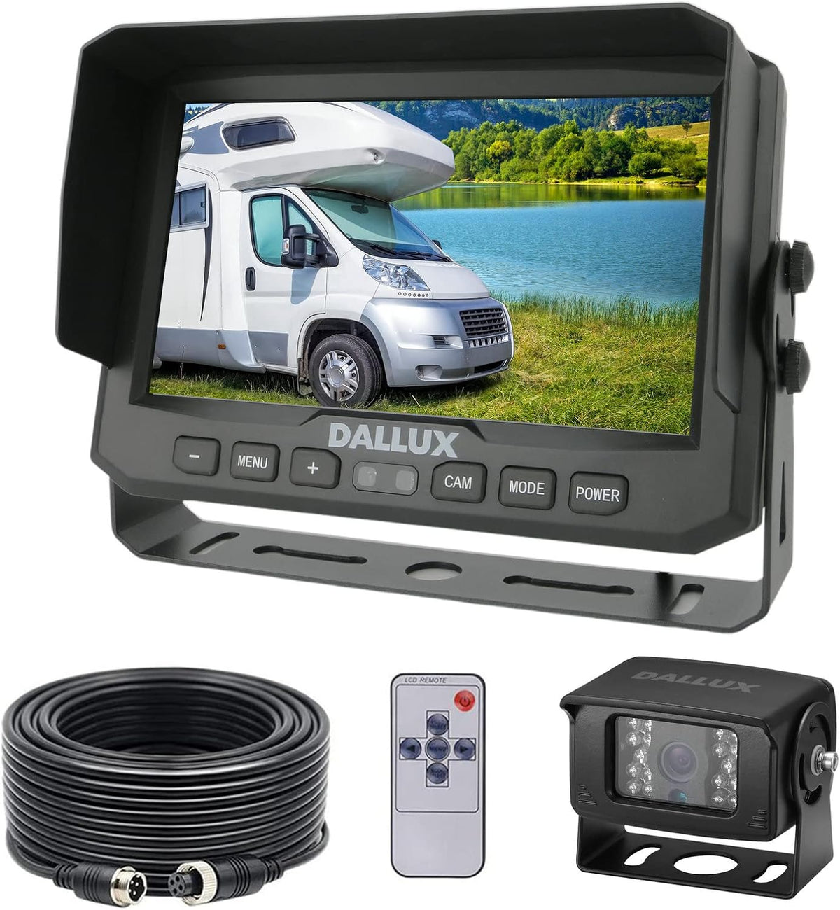 Sistema de cámara de respaldo para vehículo pesado DALLUX, cámara de visión trasera impermeable de visión nocturna con monitor de 7 pulgadas + cable de cámara de 4 pines de 66 pies para autobús
