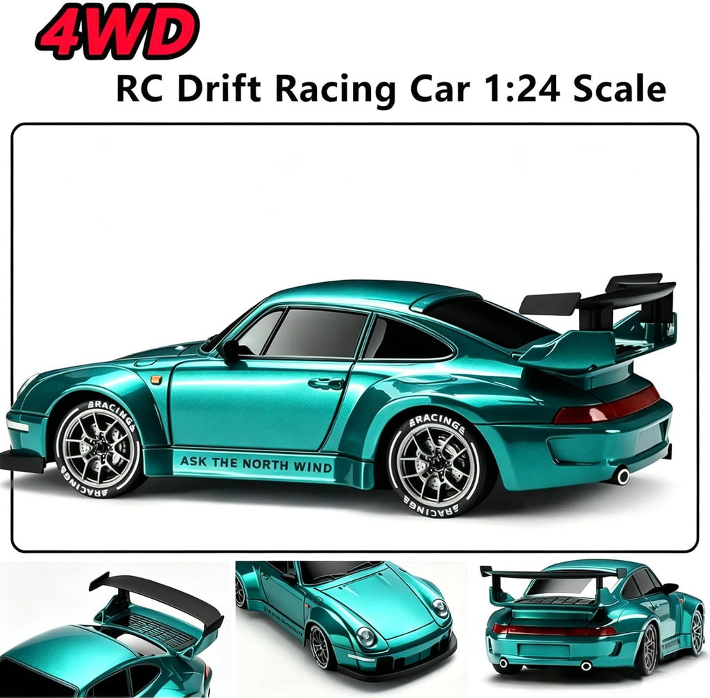 Auto de deriva a control remoto a escala 1:24 con luces LED, neumáticos de deriva y dos baterías, juguete deportivo de carreras, regalo ideal para adultos, niños, niñas y niños (azul lago)