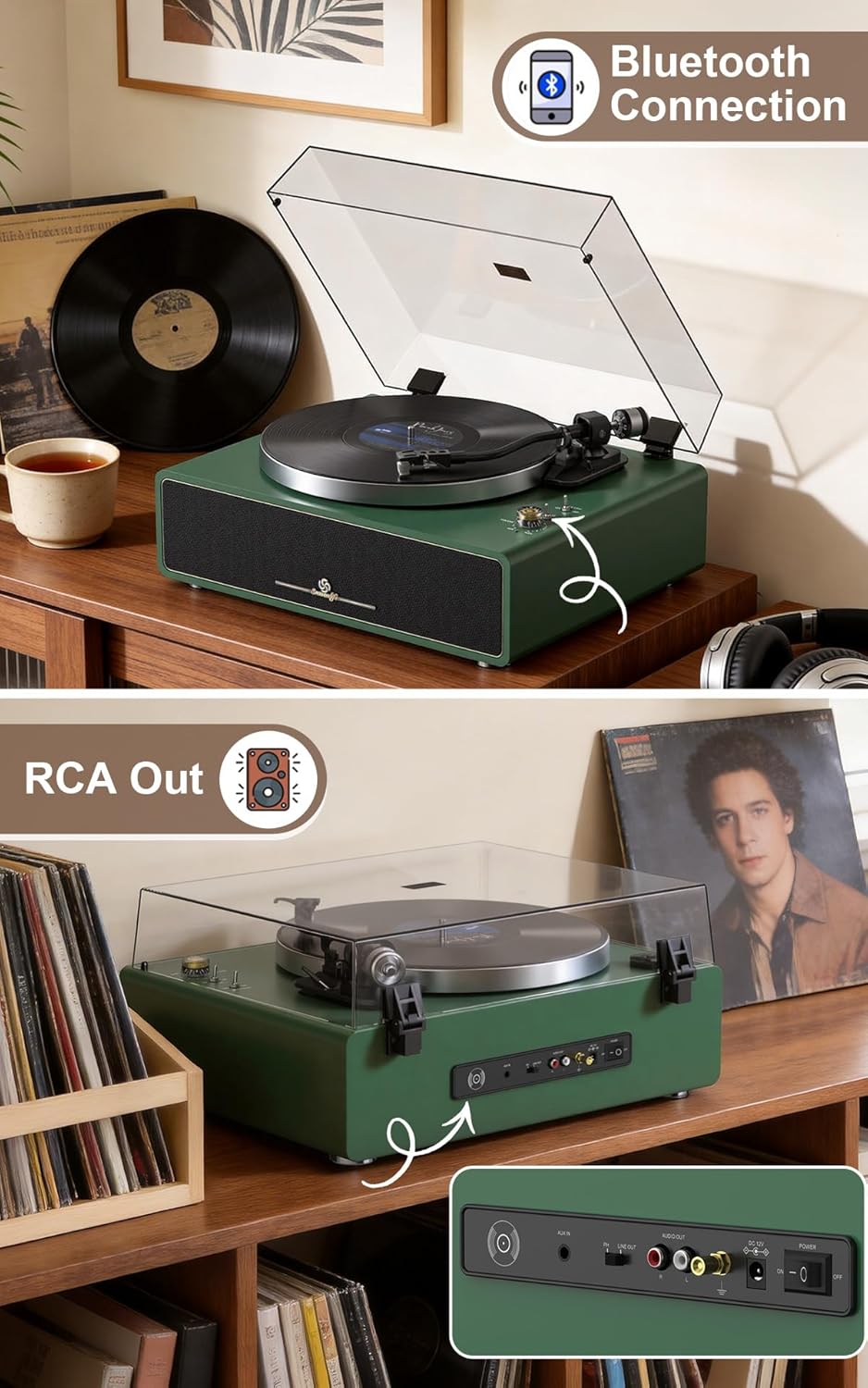 Seasonlife® Tocadiscos todo en uno con 4 altavoces y Bluetooth, verde