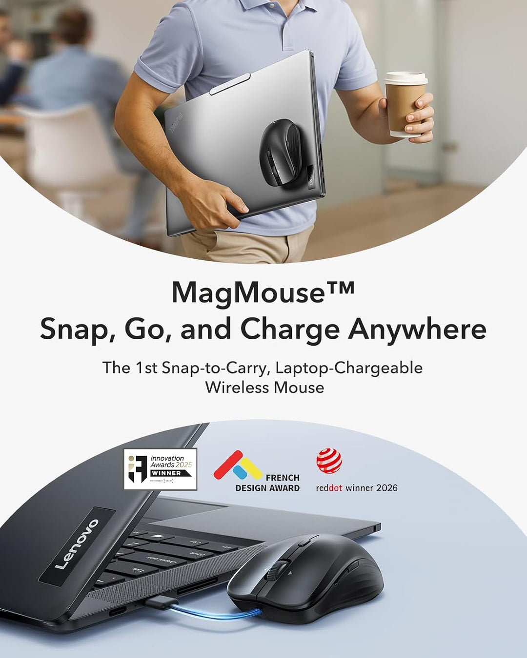 ESR MagMouse Snap-to-Carry Mouse Bluetooth, Mouse Inalámbrico Recar...