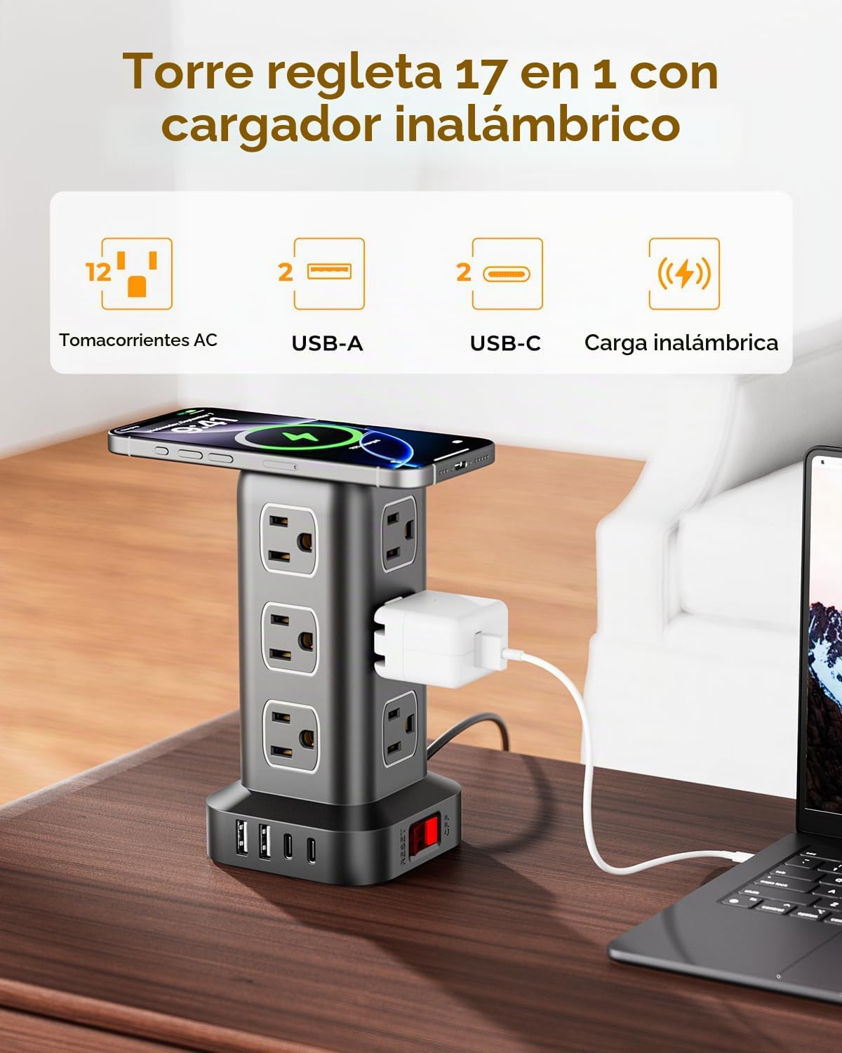 Regleta de alimentación con 12 tomas, 4 USB (1 USB C), cable de extensión de 6.5 pies con múltiples tomas, estación de carga, torre de regleta de alimentación, suministros de escritorio de oficina en