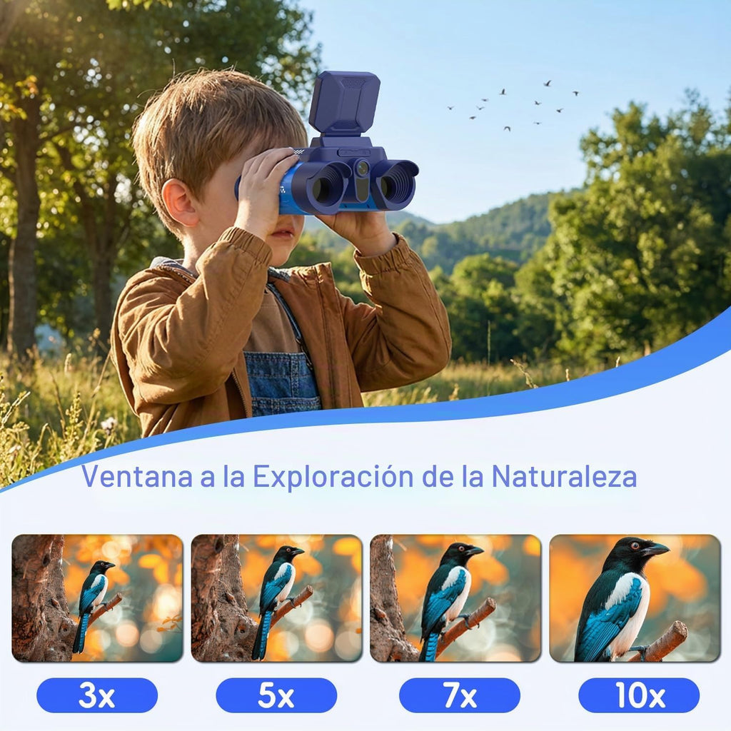 Binoculares para niños con cámara de visión nocturna, telescopio digital de aventuras con zoom 10X con pantalla IPS de 2.4 pulgadas, juguetes STEM Explorer Nature Explorer para observación de